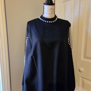 Pearl-Trim Black Long-Sleeve Blouse